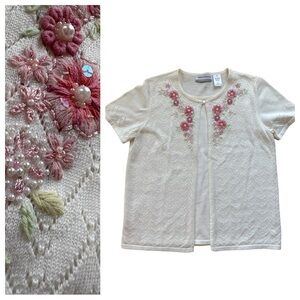 Cream Sweater Set Cardigan Attached Crewneck Pink Bead Sequin Embroidery PS
